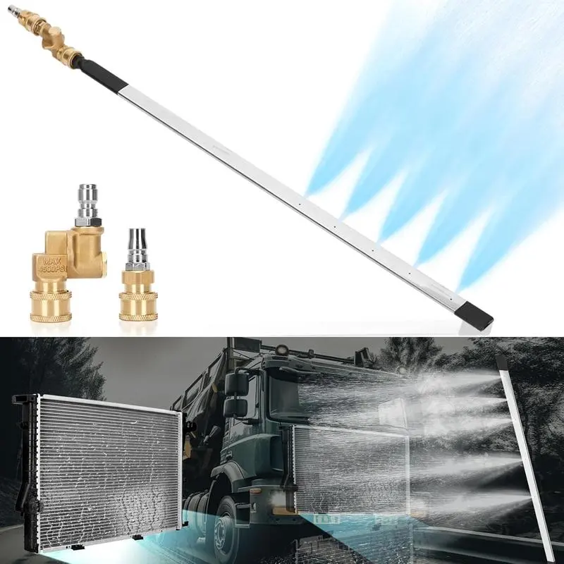 24-in Portable Stainless Steel Car Radiator Cleaning Wand, Pressure Washer Power Flush Tool with Air Pump, 4 Spray Nozzle Tips, 2x 1/4-in Quick Couplers for Fast Cleaning of Cars, Trucks, Harvesters