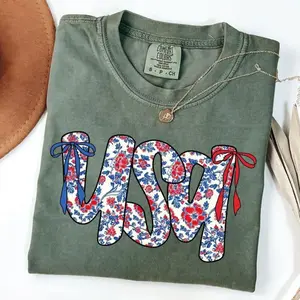 Comfort Colors Floral Coquette USA T-Shirt - Retro America T-Shirt, 4th Of July Gift, Patriotic Tee, Coquette Bow Shirt Floral Coquette USA , 4th Of July