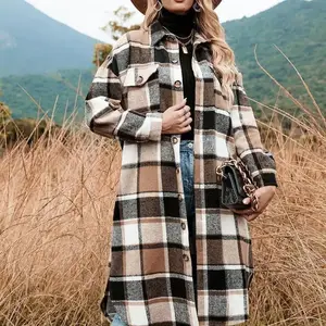 Women Fall Flannel Plaid Shacket Jacket Oversized Button Down Long Shirt Jacket Fit Cardigan