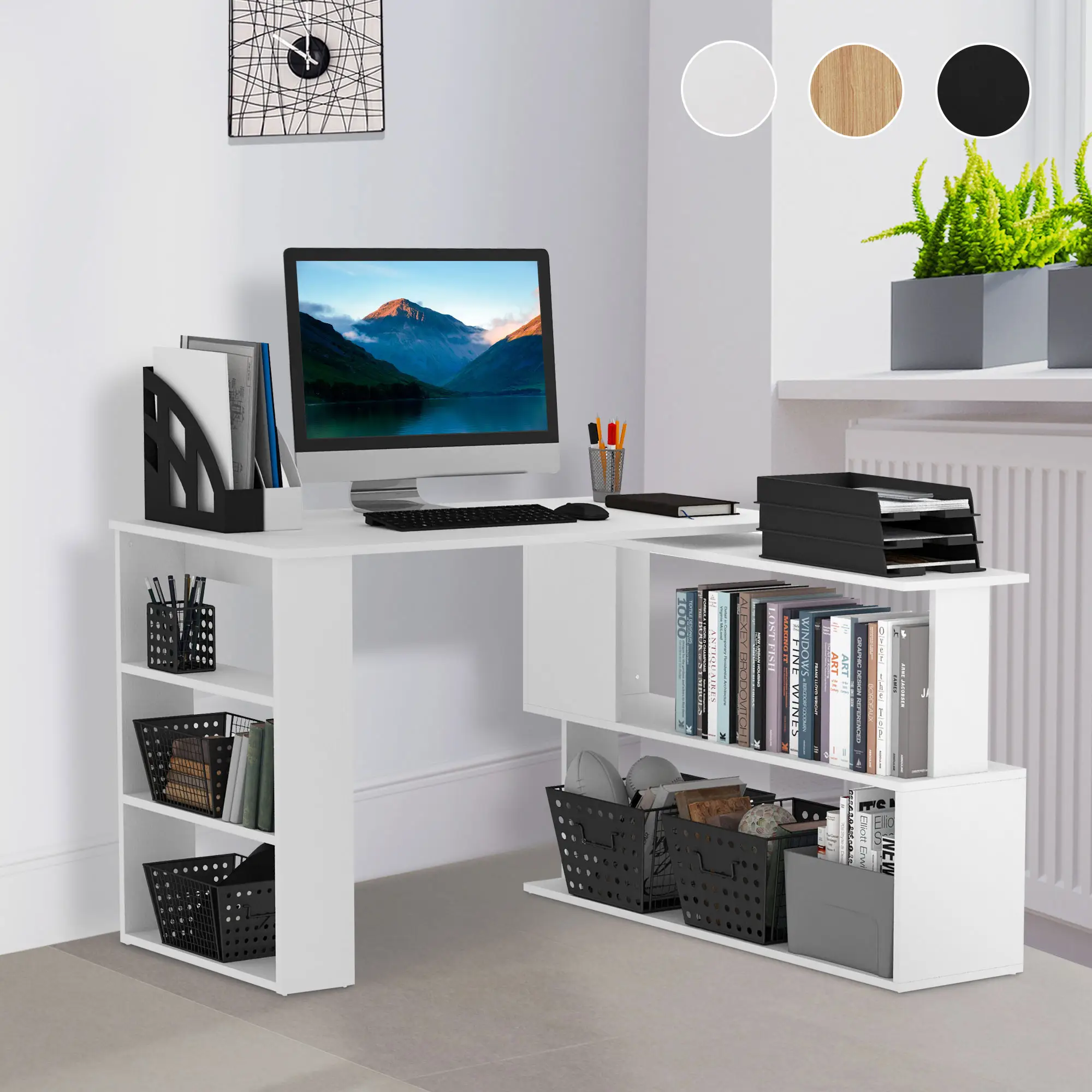HOMCOM L Shaped Desk, Corner Computer Desk with Storage Shelves, Writing Table for Home Office, Study