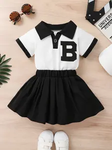 2-piece Young Girl Summer Letter Pattern Lapel Half Open Top And Pleated Skirt Suitable For Parties, Vacations, And Leisure