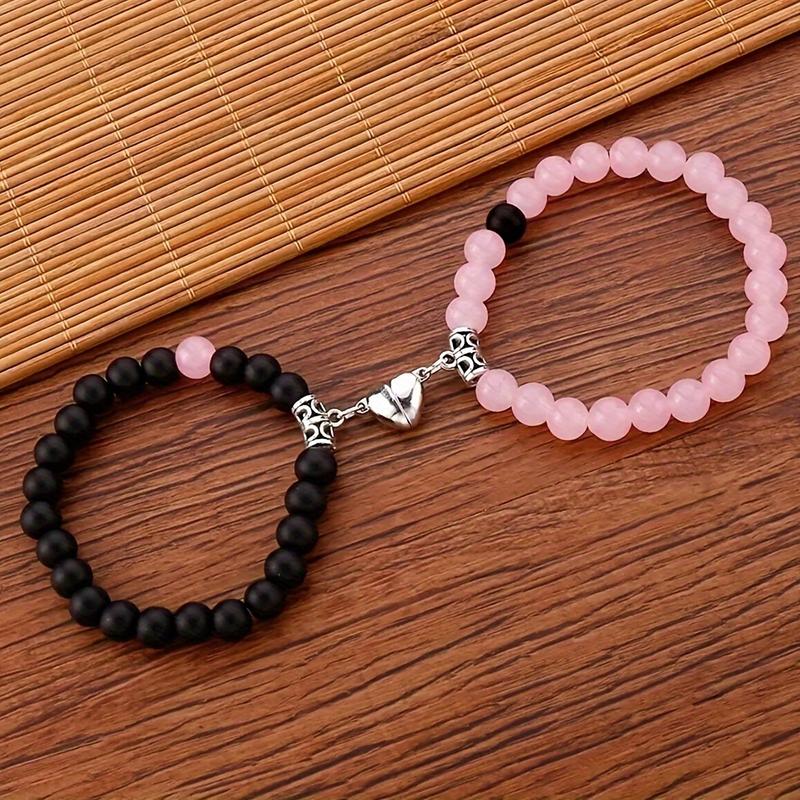 4pcs/Set Charms Elegant Charms Black & White Stretchable Heart Matching Bracelets, Ideal Gift for Best Friends, Couples, Family Members, Charms Handmade Beaded Bracelet Set Valentine's Day Jewelry Gift