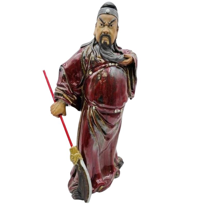 Vintage Chinese Shiwan Ceramic Sculpture of Guan Yu Created by Zhuang Jia in the 1970s Handcrafted Artpiece