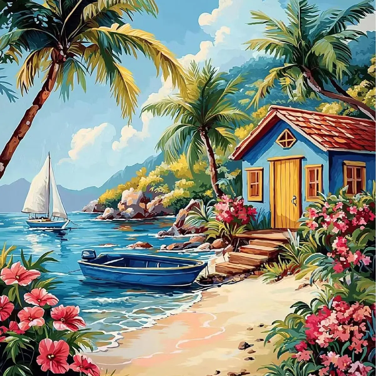 5D Diamond Painting Kit Tropical Beach Blue Hut Palm Tree Hibiscus Flower Sea Sailboat Small Boat Bright Blue Sky Coastal Scenery Crystal Rhinestone Wall Decor Gift