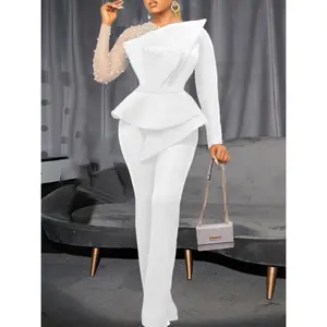 Women's Elegant One-Shoulder Jumpsuit - Formal Party Outfit, Hand Washable Non-Stretch Elegant Jumpsuit for Weddings, Galas, Proms - Sophisticated Evening Gown for Women, Prom Attire, Pearl Embellished, Highquality Fabric, Stylish Oneshoulder, Fashionforw