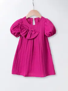 Girls' Summer Sweet Princess Dress, Cute Bow Decor Short Sleeve Dress, Fitted Plain Style, Perfect for Kids Fashion