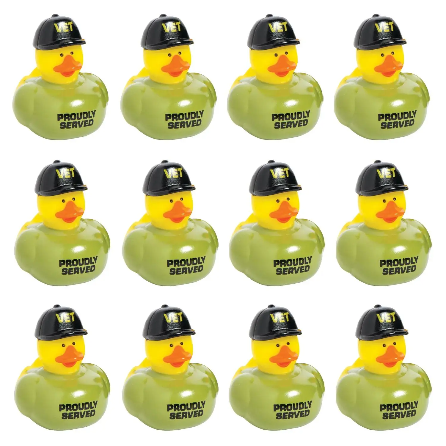 2" Veteran Rubber Ducks in Green T-Shirts and Black Cap - 12 Pc.