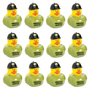 2" Veteran Rubber Ducks in Green T-Shirts and Black Cap - 12 Pc.