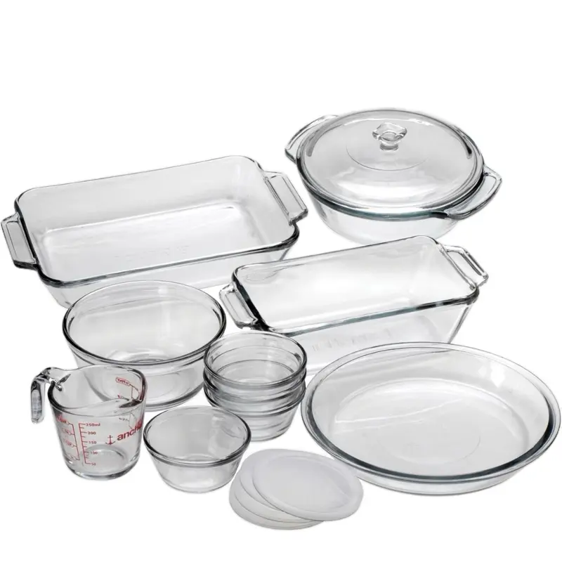 Anchor Complete Glass Bakeware Set 15 Piece with Measuring Cups and Lids for Versatile Cooking Needs