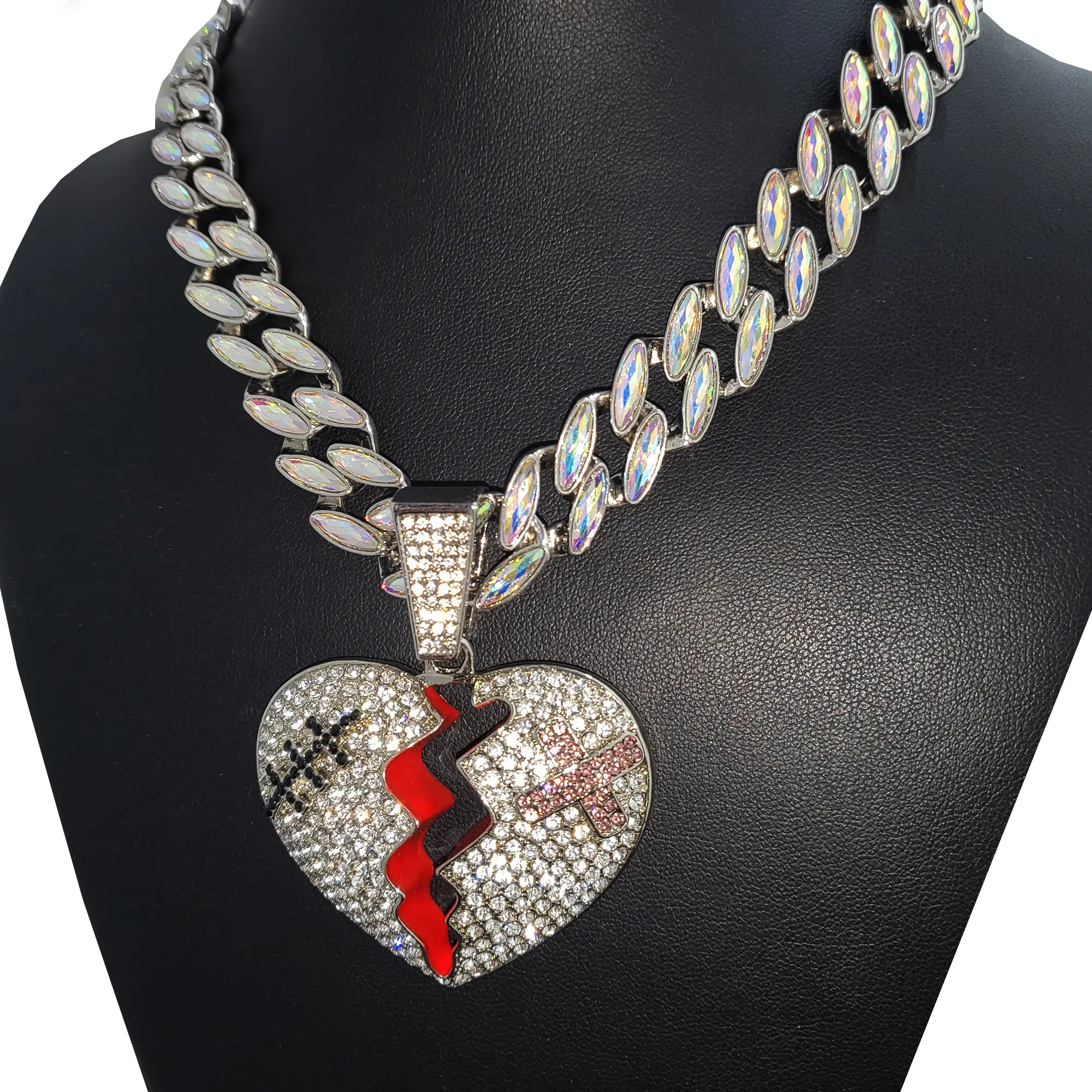 Large Broken Heart CZ Pendant & 15mm 18" Iridescent Cuban Choker Chain Hip Hop Necklace Jewelry Unisex Men Women