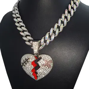 Large Broken Heart CZ Pendant & 15mm 18" Iridescent Cuban Choker Chain Hip Hop Necklace Jewelry Unisex Men Women