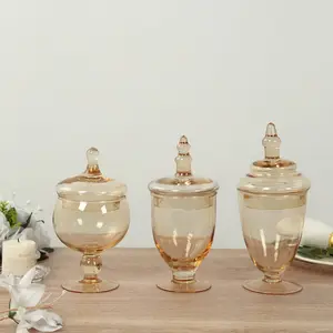 Set of 3 Glass Jars Apothecary Design Amber Gold and Snap-On Lids - Stylish Decorative Candy Buffet Storage 8.5", 9", 10"