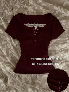 2026 New Summer Women's T-Shirt, Rust Striped, Y2K Simple Design, Half Open Front, Casual Versatile Top, Plain Pattern, Fitted Style