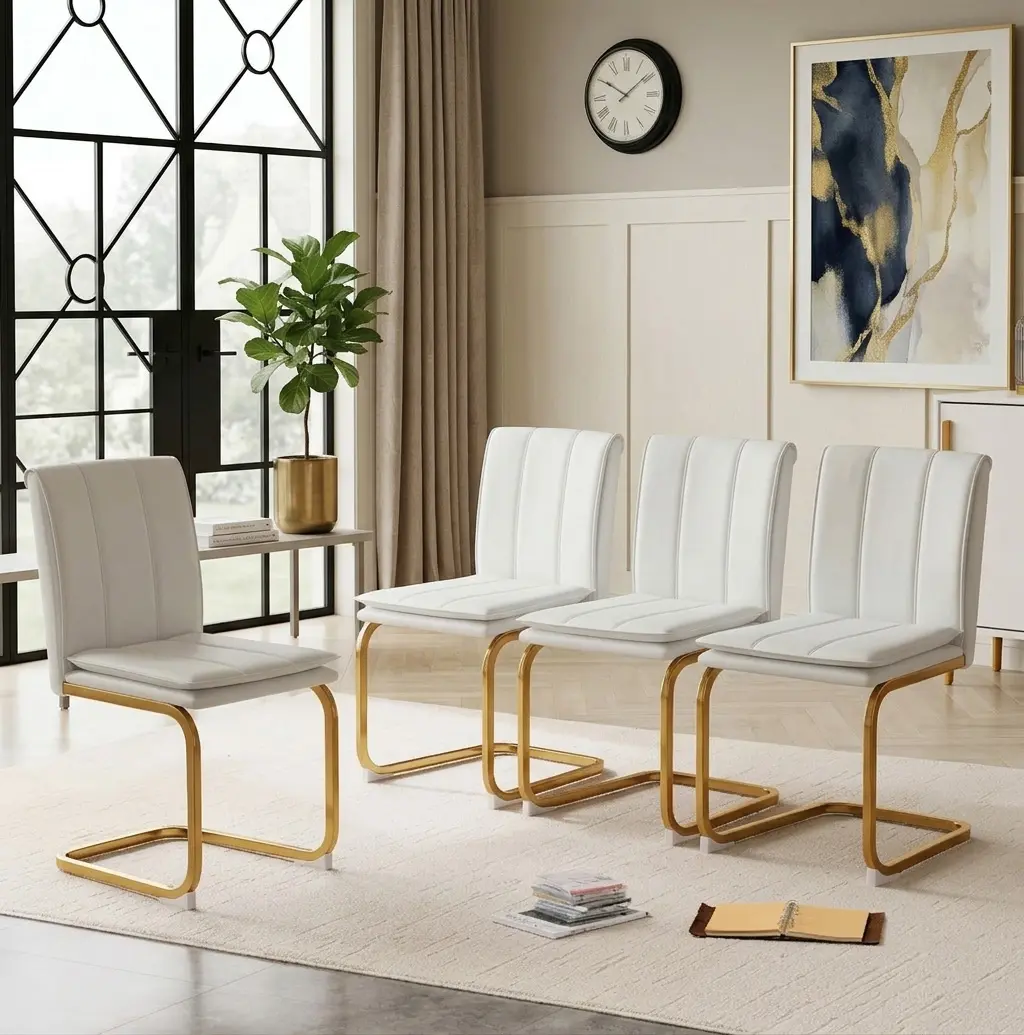 Modern 4-Piece Waterproof PU Leather Cantilever Dining Chairs Set - White & Gold Indoor Furniture with Metal Arc Base, Easy-Clean, Space-Saving for Dining Room, Office