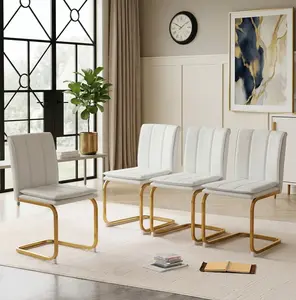 4 Pieces Modern PU Leather Dining Chairs Set, White & Gold Cantilever Kitchen Chairs w/ Metal Legs, Easy Clean Space Saving for Dining Room Living Room Office