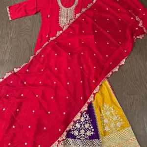 Chinon Embroidery Work Red Fabric with Yellow and Purple Accents Embroidered Design