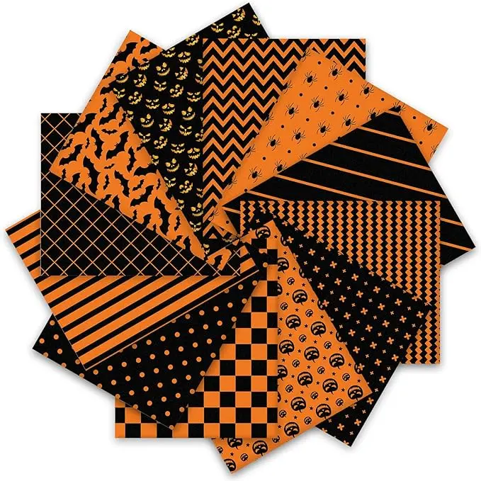12Pcs Halloween Cotton Fabric Bundles 10 x 10 Inch Spider Pumpkin Bat Plaid Stripe Dot Fabric Squares Orange Black Squares Sewing Fabrics for DIY Craft Party Decor