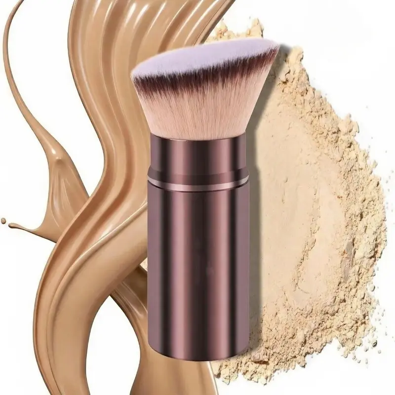 Retractable Kabuki Brush for Liquid & Powder Foundation – Flat Top Dense Makeup Brush for Blush, Contour & Cream – Travel Size Portable Face Brush with Cap