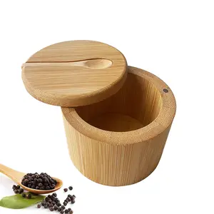 Bamboo Salt Box with Spoon, 6oz Capacity Salt Storage Box with Lid, Seasoning Box for Salt, Pepper, Sugar, Herbs, Kitchen