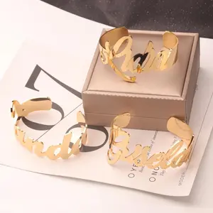 Personalized Name Women's Bangle Stainless Steel Adjustable Cuff Stackable Bracelets