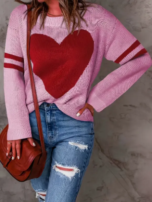 Wonwen Crew Neck Knit Sweater, Red Heart Pattern Long Sleeve Pullover, Striped Sleeve Loose Casual Knitted Jumper, Daily Fashion Ladies Sweate Bottoms Breathable