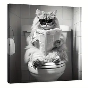 1pc Whimsical Cat in Toilet Canvas Wall Art - Black & White Framed Animal Picture, Wood Frame - Humorous Bathroom Decor for Home, Bedroom, Living Room, Restroom Decor