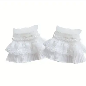 Victorian Lace Ruffle Cuffs, White Pleated Sleeve Bands with Floral Pattern, 1 Pair genderless vintage costume accessories