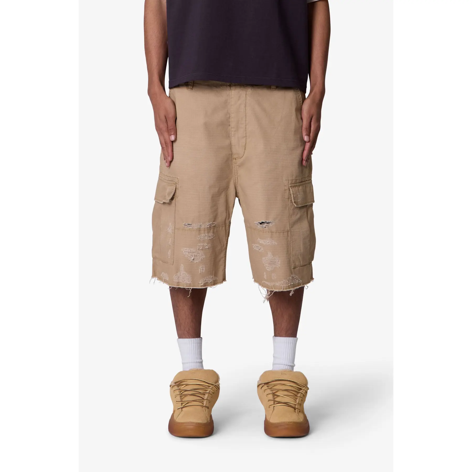 mnml Baggy Distressed Cargo Shorts - Washed Khaki mnml Baggy Distressed Cargo Shorts - Washed Khaki