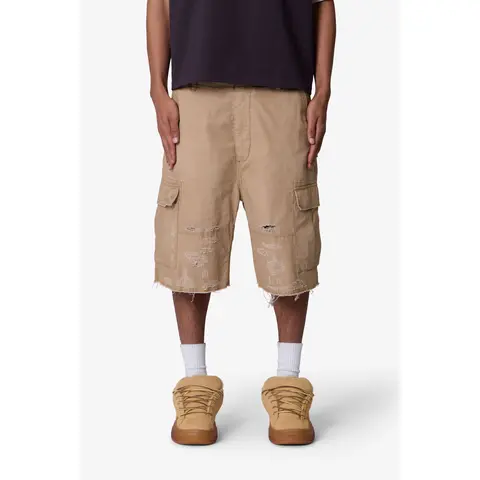 mnml Baggy Distressed Cargo Shorts - Washed Khaki
