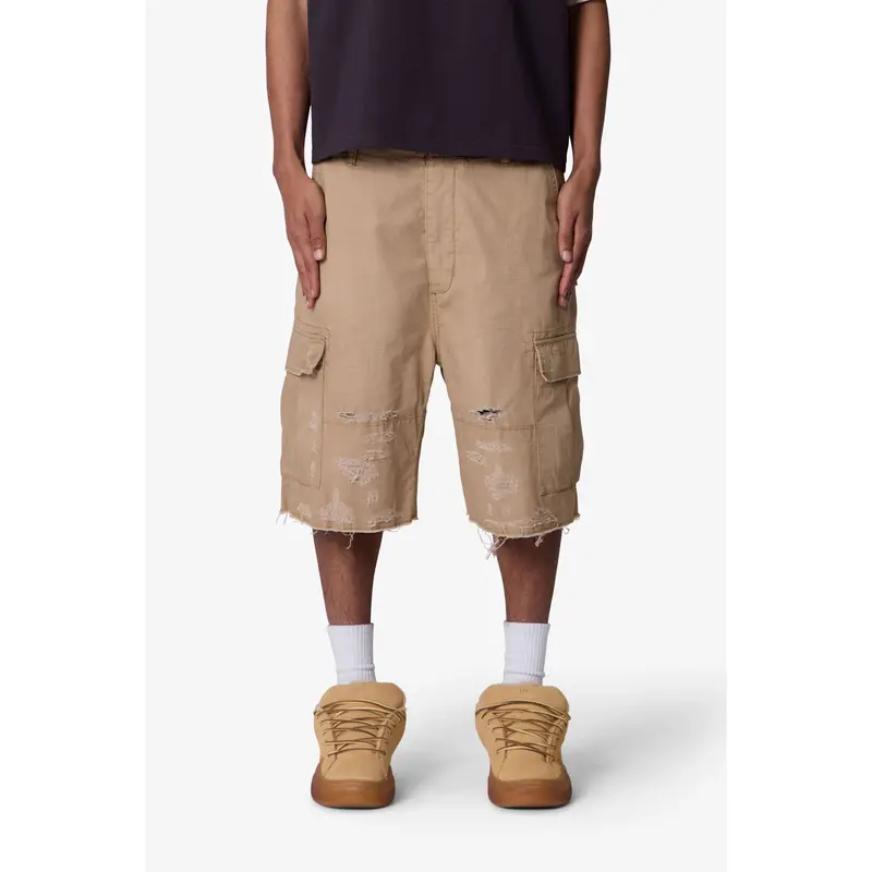 mnml Baggy Distressed Cargo Shorts - Washed Khaki