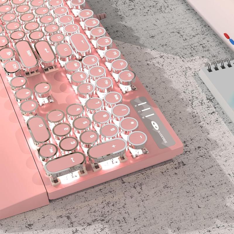 Typewriter Mechanical Gaming Keyboard, Retro Pink Punk Round Keycaps LED White Backlit Wired Keyboards with Detachable Wrist Rest for  and Office, for Windows Laptop PC  - Blue Switches