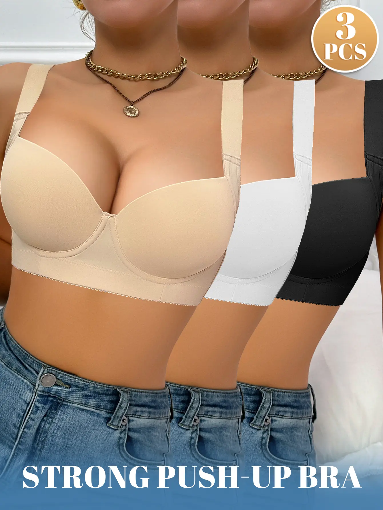 1/3PCS Women's Underwire Supportive Push Up Bra Seamless Comfortable T-Shirt Everyday Bras, Wide Straps & Anti-Slip, for Daily Wear, Summer Dresses, SummerWins, DealsForYouDays