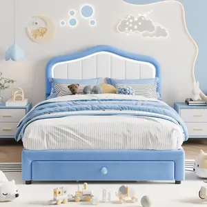 Upholstered Twin Size LED Bed Frame with Storage Drawer, Velvet Platform Bed Frame for Kids, Wooden Slats Support, No Box Spring Needed, Easy Assembly, Blue