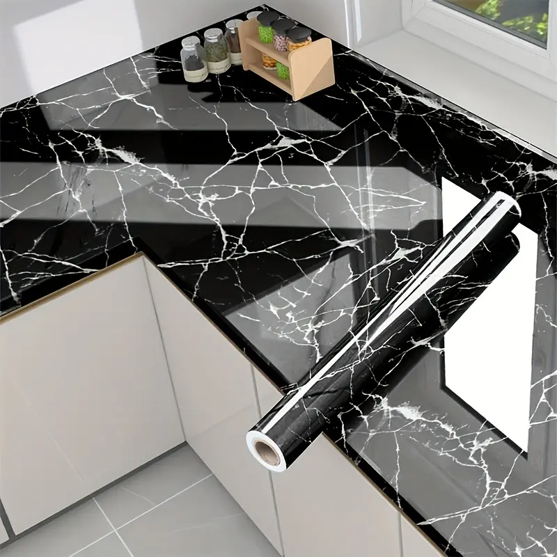 Black Gold Marble Peel-and-Stick Contact Paper - 0.15mm Thick, Waterproof, Oil-Proof, Removable Decorative Wallpaper for Kitchen Countertops, Home Aesthetic Decor