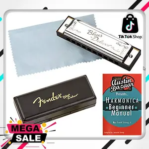 Fender Blues Deluxe Harmonica - Key of C Bundle with Carrying Case, Austin Bazaar Instructional Manual, and Polishing Cloth