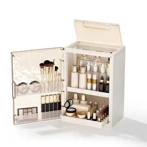 Makeup Organizer - White Storage Cabinet with Multiple Compartments for Brushes, Lipsticks, and More