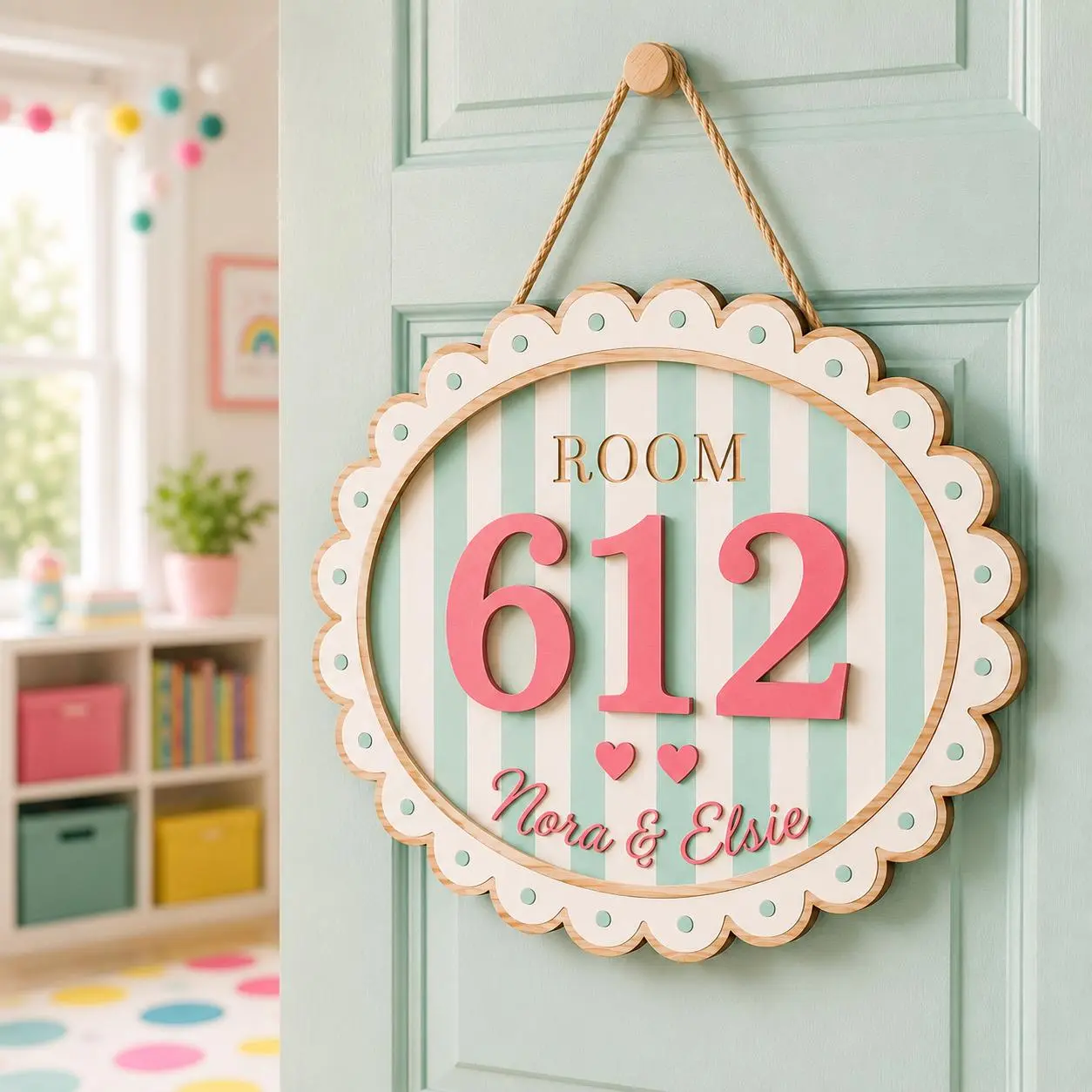 Scalloped Striped Wooden Name Plaque, Personalized Wooden Dorm Room Door Sign, Custom College Room Number Plaque, Roommate Name Decor, Gift for Kids, Back to School