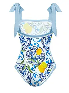 Women's 2-Piece Swimsuit Set, Lemon Print One-Piece Bathing Suit with Cover Up Skirt, Tummy Control Slimming Swimwear for Beach