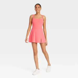 Women's Knit Squareneck Slit Active Dress - JoyLab Coral Orange M: Midweight Sleeveless Fit with Built-in Shorts