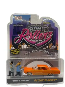 DGA x Greenlight Homie Rollerz 1964 Chevrolet Impala Hard Top Orange Diecast Metal 1/64 Scale Collectible with Estilo & Hawkeye Figures