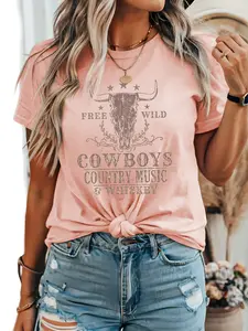 2026 Western Cowboy Print Loose Fit Graphic T-Shirt, Fashion Vintage Country Music Tee, Perfect for Rodeo Night, Nashville Single Party, Y2K Farm Style
