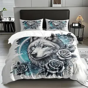 2/3 Pcs Wolf,Rose Art Theme Pattern Duvet Cover Set (1* Duvet Cover +1/2* Pillowcase, No Filling), Soft,comfortable Bedding Set, Suitable For All Seasons, Machine Washable, Perfect As A Gift For Family,friends On Festivals, Birthdays, Christmas,New Year!