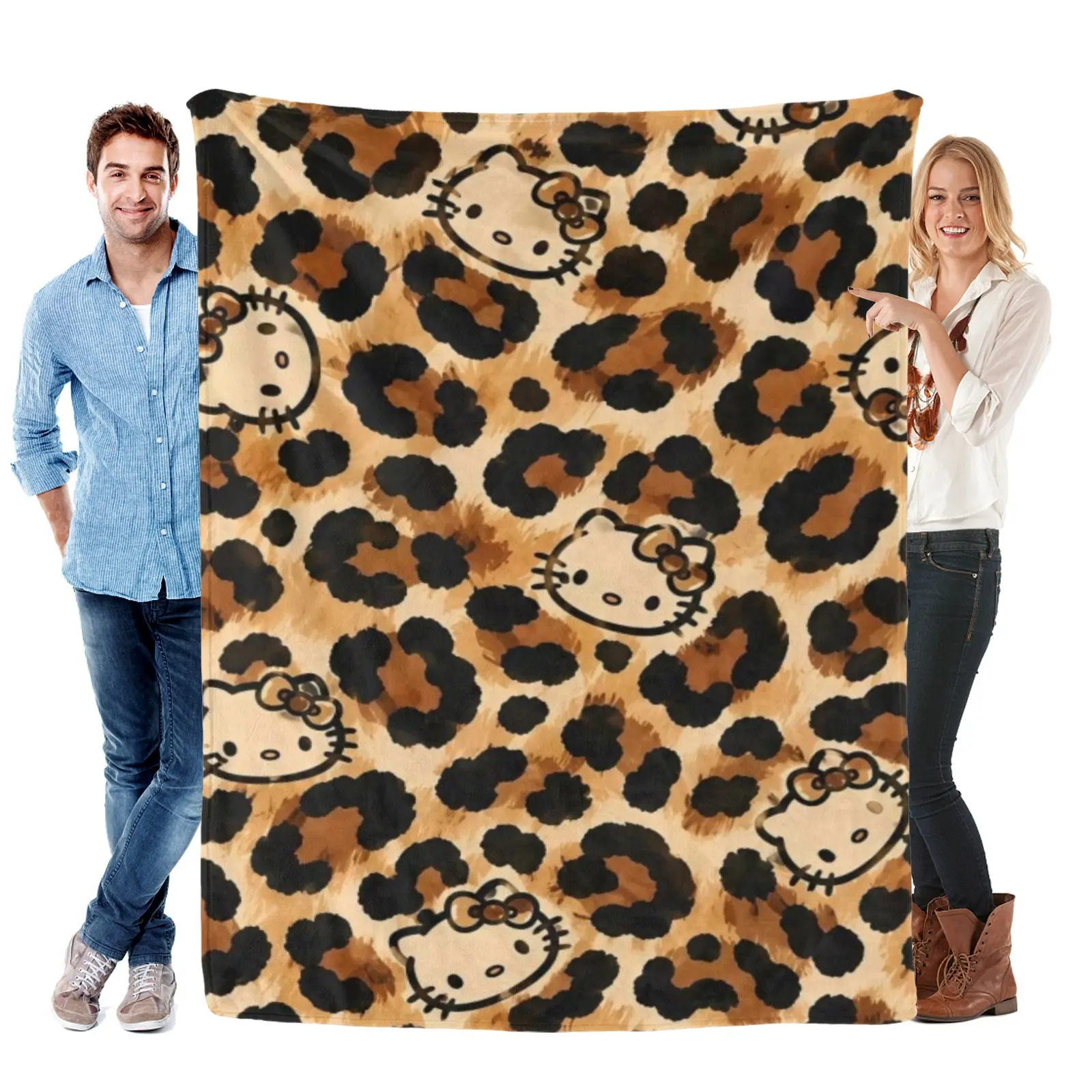 Hello Kitty Leopard Print Blanket, Sanrio Cute Kitty Flannel Throw Blanket, Brown Animal Print Cozy Fleece Blanket, Stylish Bedroom Decor, Gifts for Hello Kitty Fans