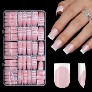 300Pcs Sharp Square French Tip Press On Nails-Anyos Gel Nail Tips Short,No File Need Tips Pre-Designed,Fake Nails for Nail Art DIY 15Sizes(Pink)