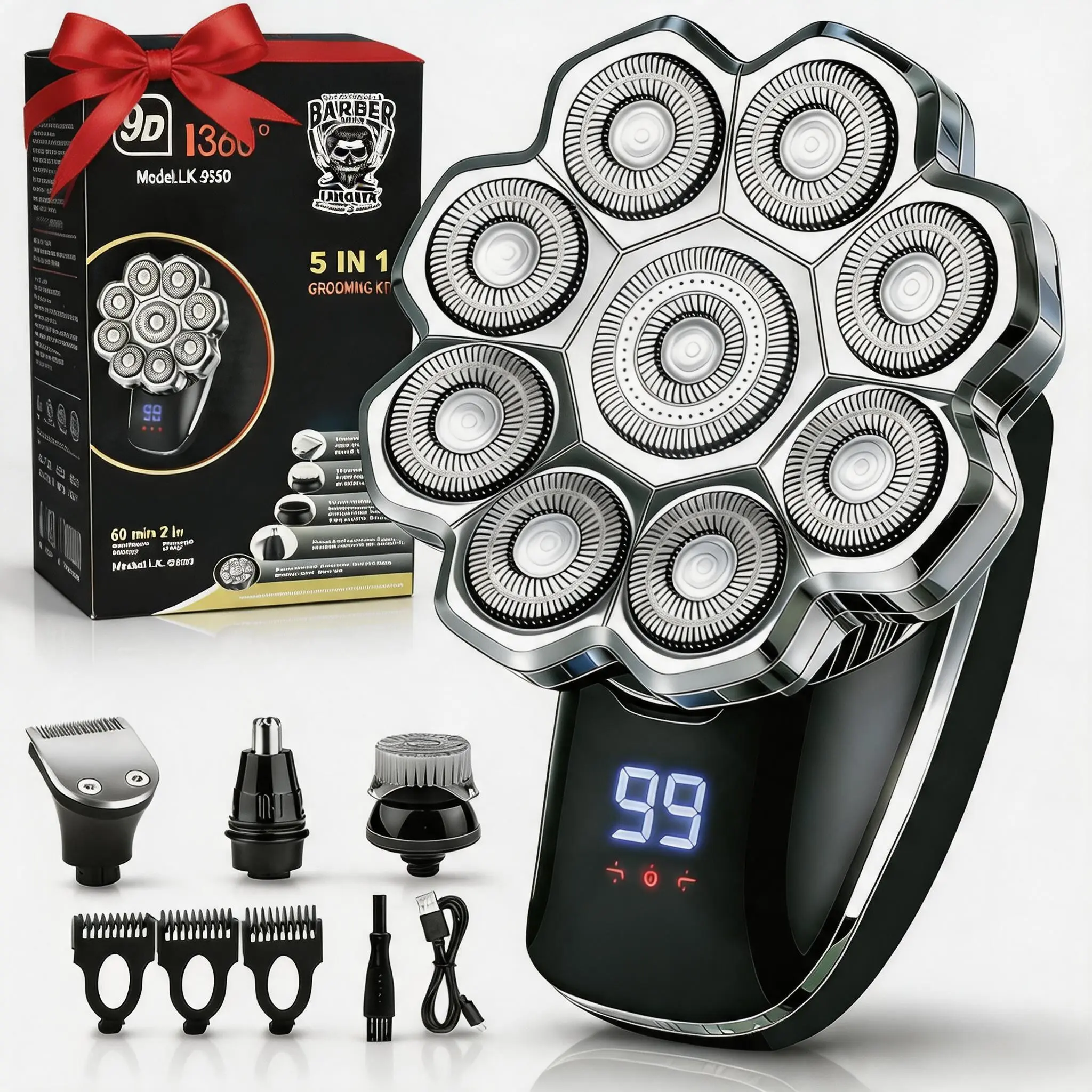 LARGNER-6 in 1 Electric Head Shaver, Multifunctional Shaving Head, 1 Box Waterproof Wet/dry Grooming Shaver Kit & Accessories, Cordless Rechargeable Bald Head Razor for Home & Travel Gift, Multifunctional Epilator, Beard Hair Shaver, Body Hair Shaver