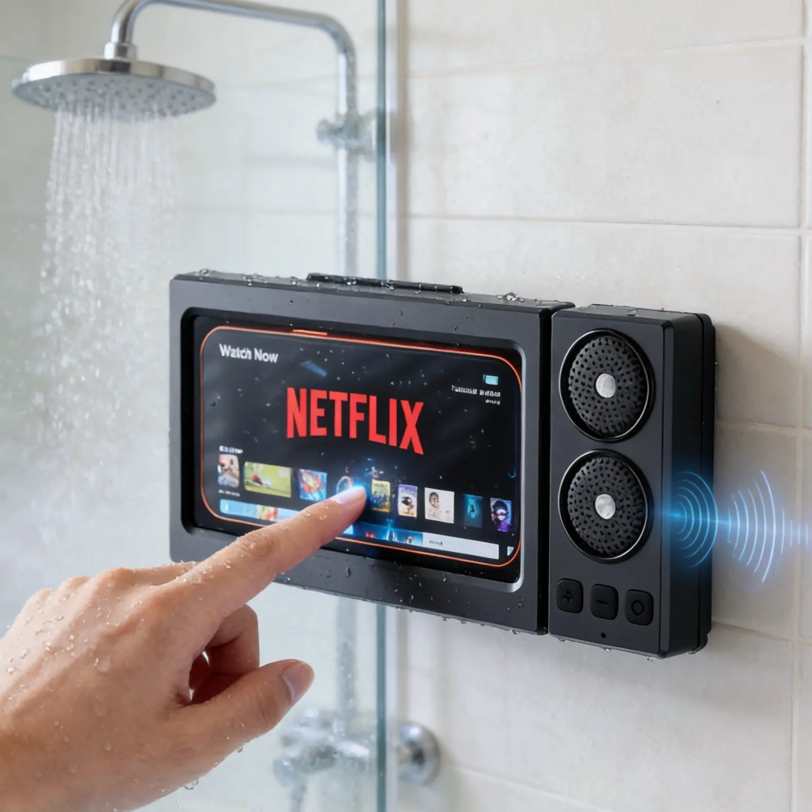 Phone waterproof case, Bluetooth speaker, waterproof 360° rotating touchscreen for movies and music, phone stand Bluetooth speaker audio shower TV stand, bathroom mount, pool, kitchen, bathroom, Shower Phone Holder