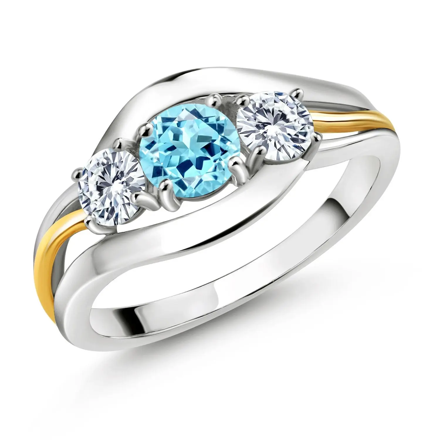 Gem Stone King Female 925 Silver-10K Yellow Gold Split-Shank 3-Stone Moissanite Cluster Ring, 0.96 Cttw 5MM Round Blue Apatite & 4x4MM Round Near Colorless (GH) Moissanite, for Birthday, Anniversary