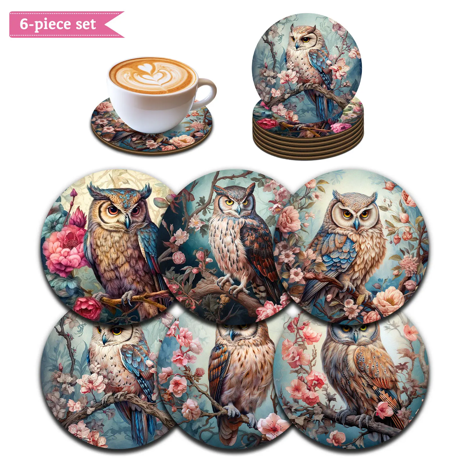 6pcs Mystic Owl Flat Print Coaster Vintage Country Coaster Set Suitable for Coffee, Tea, Drinks, Holiday Party Gifts, Wooden Material, No Electricity Required