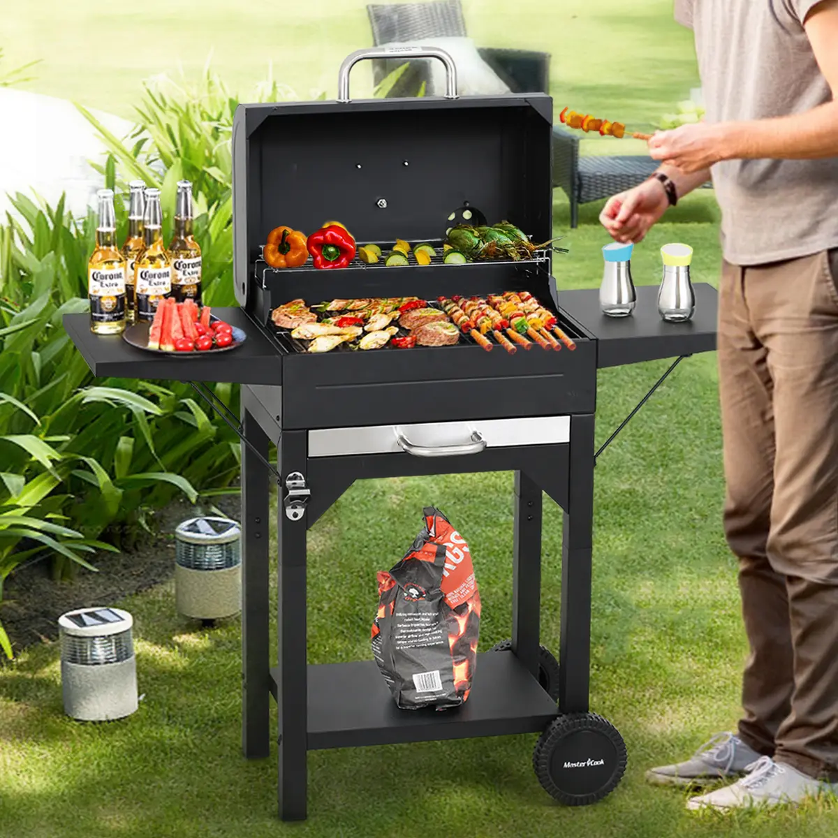 MASTER COOK Charcoal Grill with Two Side Tables 332 SQIN Cooking Area Outdoor Smoker Barbecue BBQ Grill for Camping Patio Backyard Party Picnic Black