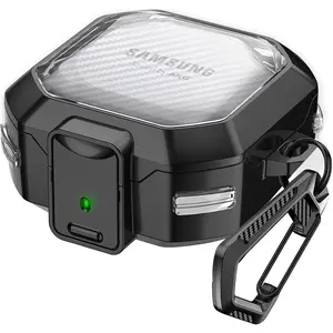 (with Secure Lock) Clear Carbon Fiber Case Cover for Samsung Galaxy Buds FE (2023) with Keychain - Clear Black